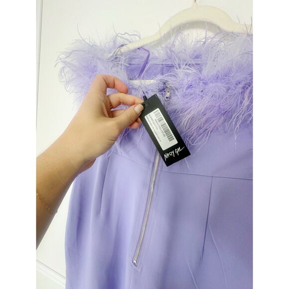 NWT Nasty Gal Feather Strapless Jumpsuit Lavender - Picture 7 of 12